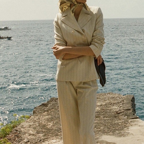 Doen Harrison Pinstripe Double Breasted Suit Blazer Jacket Cream Gessato Stripe - Picture 9 of 16